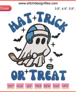 Hockey Halloween Embroidery: Skull with Hockey Sticks, "Hat Trick or Treat" Text, Festive Digital Stitching Design