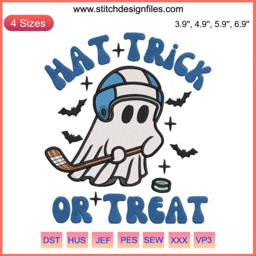 Hockey Halloween Embroidery: Skull with Hockey Sticks, "Hat Trick or Treat" Text, Festive Digital Stitching Design