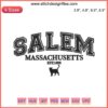 Salem Massachusetts 1626 Embroidery Design featuring witch hat, broomstick, and pumpkins for Halloween digital stitching project.