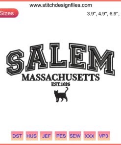 Salem Massachusetts 1626 Embroidery Design featuring witch hat, broomstick, and pumpkins for Halloween digital stitching project.
