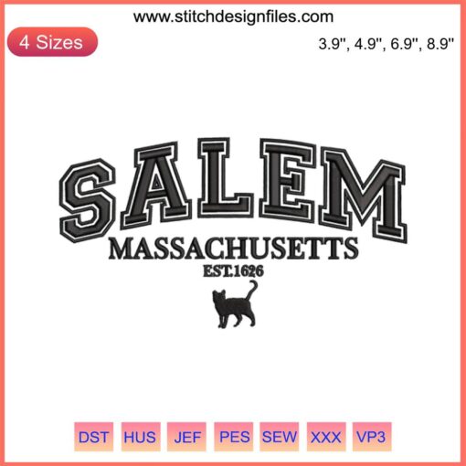 Salem Massachusetts 1626 Embroidery Design featuring witch hat, broomstick, and pumpkins for Halloween digital stitching project.