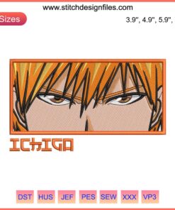 Kurosaki Ichigo Eyes Embroidery Design; Anime Bleach Character Stitching; Detailed Digital Pattern; Fan Art Embroidery.