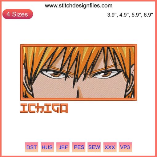 Kurosaki Ichigo Eyes Embroidery Design; Anime Bleach Character Stitching; Detailed Digital Pattern; Fan Art Embroidery.