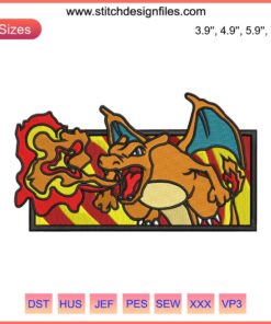 Charizard Fire Breath Anime Pokémon Embroidery, Digitized Embroidery File, Detailed Dragon Design, Instant Download.