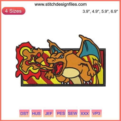 Charizard Fire Breath Anime Pokémon Embroidery, Digitized Embroidery File, Detailed Dragon Design, Instant Download.