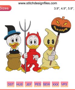 Disney Ducklings Halloween Embroidery Design: Huey, Dewey, Louie in Costumes | Halloween Embroidery Digitizing File