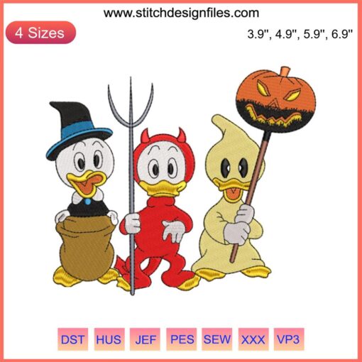 Disney Ducklings Halloween Embroidery Design: Huey, Dewey, Louie in Costumes | Halloween Embroidery Digitizing File