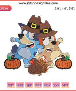 Turkey Bluey Bingo Thanksgiving Embroidery Design | Disney-themed digital stitch featuring Bluey and Bingo for Thanksgiving decor.