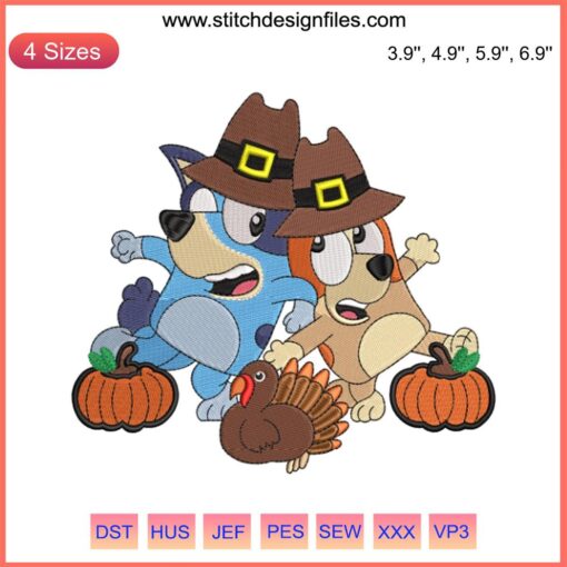 Turkey Bluey Bingo Thanksgiving Embroidery Design | Disney-themed digital stitch featuring Bluey and Bingo for Thanksgiving decor.