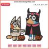 Bluey and Bingo as horror vampires embroidery design; Disney Halloween digital stitching featuring spooky cartoon characters.