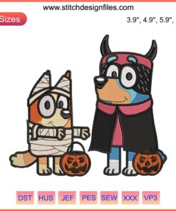 Bluey and Bingo as horror vampires embroidery design; Disney Halloween digital stitching featuring spooky cartoon characters.
