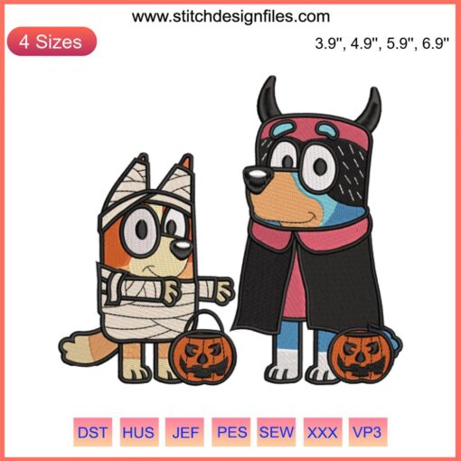 Bluey and Bingo as horror vampires embroidery design; Disney Halloween digital stitching featuring spooky cartoon characters.