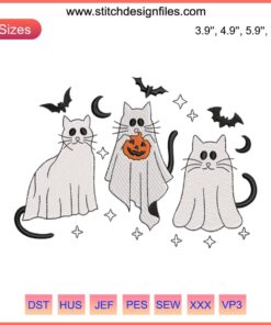 Cute Cat Ghost Embroidery Design | Funny Halloween Digital Art | Whimsical Ghostly Cat Stitching for DIY Craft Projects