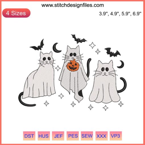 Cute Cat Ghost Embroidery Design | Funny Halloween Digital Art | Whimsical Ghostly Cat Stitching for DIY Craft Projects