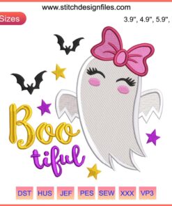 Bootiful Cute Girl Ghost Embroidery | Halloween Digital Stitch Design | Fun Spooky Ghost with Bow | Halloween Decor Sewing Project