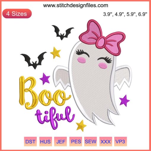 Bootiful Cute Girl Ghost Embroidery | Halloween Digital Stitch Design | Fun Spooky Ghost with Bow | Halloween Decor Sewing Project