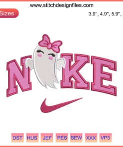 Cute Nike-themed girl ghost embroidery design in digital stitching for Halloween, featuring playful details and vibrant colors.