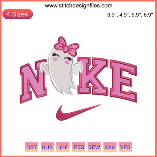 Cute Nike-themed girl ghost embroidery design in digital stitching for Halloween, featuring playful details and vibrant colors.