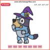 Bluey Witches Halloween Embroidery Design featuring cartoon characters in witch costumes, perfect for digital stitching enthusiasts.