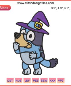 Bluey Witches Halloween Embroidery Design featuring cartoon characters in witch costumes, perfect for digital stitching enthusiasts.