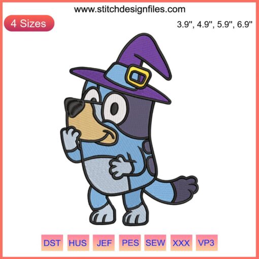 Bluey Witches Halloween Embroidery Design featuring cartoon characters in witch costumes, perfect for digital stitching enthusiasts.