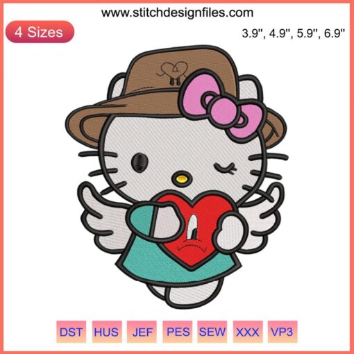 Hello Kitty Sad Heart Bad Bunny Embroidery Design, Digital Stitching, Cute Cartoon, Heart Motif, Unique Embroidery Pattern