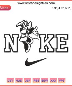 Minnie & Mickey embroidery design, Nike-inspired, fun digital stitching; Minnie Mouse couple theme, cartoon character embroidery.