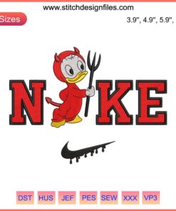 Nike Huey Duck Halloween Embroidery Design featuring Huey, Dewey, and Louie in festive costumes, perfect for digital stitching.