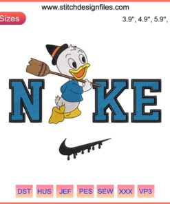 Nike Dewey Duck Halloween Embroidery Design featuring Huey, Dewey, Louie in festive stitching. Digital pattern for crafts.
