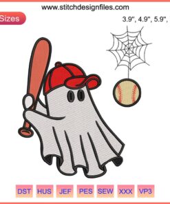 Ghost Boys Baseball Player Embroidery: Halloween-themed digital stitch design featuring a spooky baseball player.
