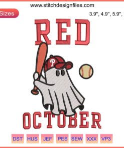 Cute Ghost Embroidery for Halloween Baseball Cap, Digital Stitching Design, Red October Theme, Festive & Adorable Pattern