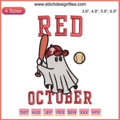 Cute Ghost Embroidery for Halloween Baseball Cap, Digital Stitching Design, Red October Theme, Festive & Adorable Pattern