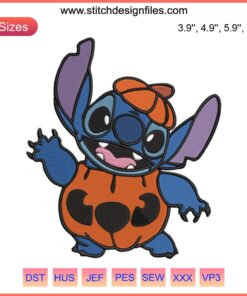 Stitch Halloween Embroidery Design: Cute Disney Stitch with Pumpkin, Funny Digital Drawing for DIY Projects.