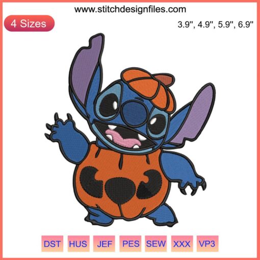 Stitch Halloween Embroidery Design: Cute Disney Stitch with Pumpkin, Funny Digital Drawing for DIY Projects.