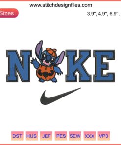 Stitch dressed as a pumpkin with Nike logo, Disney Halloween embroidery file, playful pumpkin design, digital embroidery download.