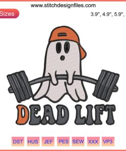 Embroidery design featuring a ghost performing a deadlift, humorous gym theme, digital stitching, perfect for fitness enthusiasts.
