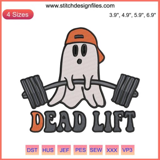 Embroidery design featuring a ghost performing a deadlift, humorous gym theme, digital stitching, perfect for fitness enthusiasts.