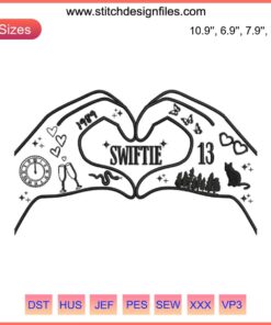 Swiftie Heart Hands 13 Embroidery Design featuring Taylor Swift-themed digital stitching pattern, perfect for fans.