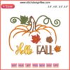 Hello Fall Pumpkin Embroidery Design featuring vibrant fall leaves, perfect for seasonal digital stitching projects.