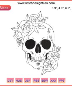 Skull Embroidery Design: Intricate Floral Patterns, Halloween Digital Stitching, Skull Art for Unique Textile Creations