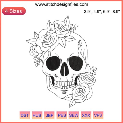 Skull Embroidery Design: Intricate Floral Patterns, Halloween Digital Stitching, Skull Art for Unique Textile Creations