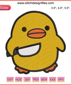 Cute duck holding a knife embroidery design, perfect for digital stitching projects. Funny and quirky duck pattern.
