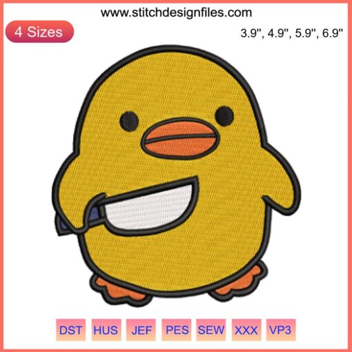 Cute duck holding a knife embroidery design, perfect for digital stitching projects. Funny and quirky duck pattern.