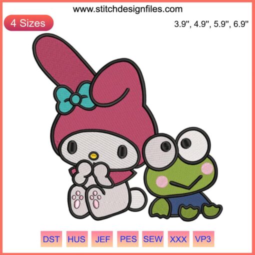 "My Melody and Keroppi Embroidery Design: Cute Sanrio Cartoon Characters Digital Stitching Pattern for DIY Crafts"