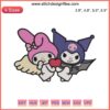 Kuromi and My Melody embroidery design featuring Sanrio characters, heart shape, digital stitching pattern for sewing enthusiasts.