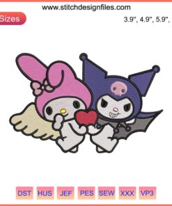 Kuromi and My Melody embroidery design featuring Sanrio characters, heart shape, digital stitching pattern for sewing enthusiasts.