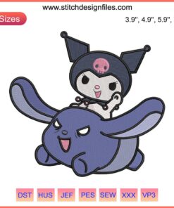 Kuromi and Baku Flying Embroidery Design | Sanrio Cartoon Digitizing File | Cute, detailed characters soaring in vibrant style.