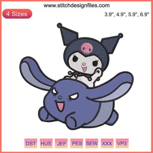 Kuromi and Baku Flying Embroidery Design | Sanrio Cartoon Digitizing File | Cute, detailed characters soaring in vibrant style.