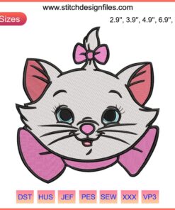 Marie Cat Embroidery Design | The Aristocats File DST, PES, Instant Download - Cute cartoon cat pattern for sewing projects.