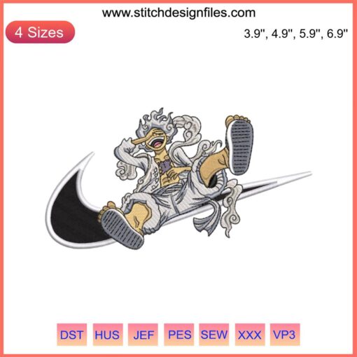 "Luffy Gear 5 Nike Swoosh Embroidery Design - Anime One Piece Digitized File for Embroidery"
